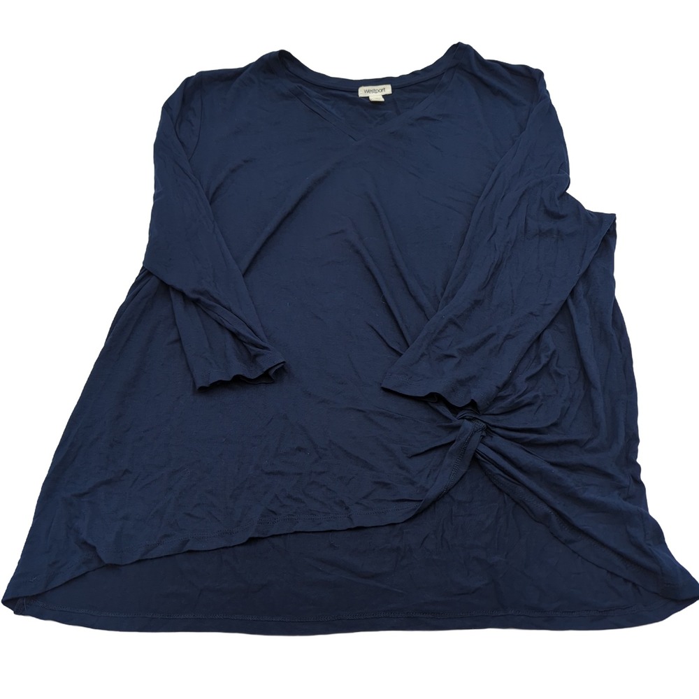 Westport Womens XL Navy Blue V-Neck Long Sleeve Side Knot Twist Tunic Top Blouse